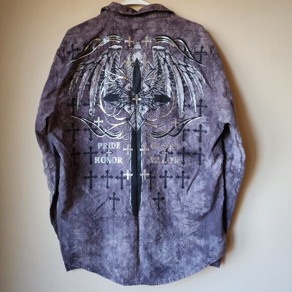 Helix Graphic Long Sleeve Button Up Shirt Mens Size XL Purple Cross Pride Honor - Picture 7 of 15